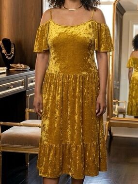 Rebecca Minkoff Mustard Velvet Cold-Shoulder Midi Dress